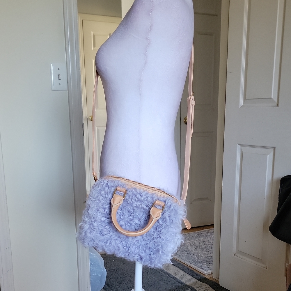 Brother Vellies Lavender Shearling Crossbody Bag with Tan Leather Trim